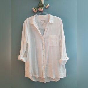 C&C CALIFORNIA 100% LINEN ROLL TAB SLEEVES WHITE BUTTON UP SHIRT WOMEN'S LARGE